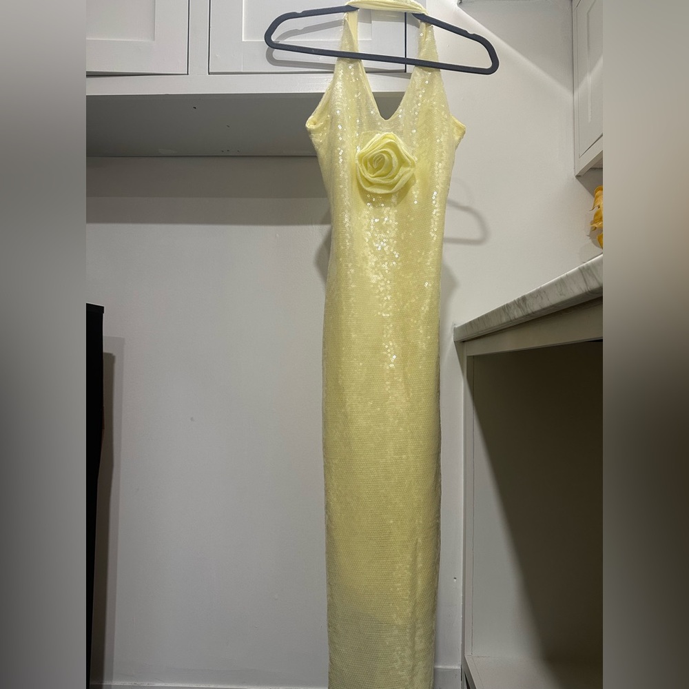 Yellow Sequin Dress with Floral Accent